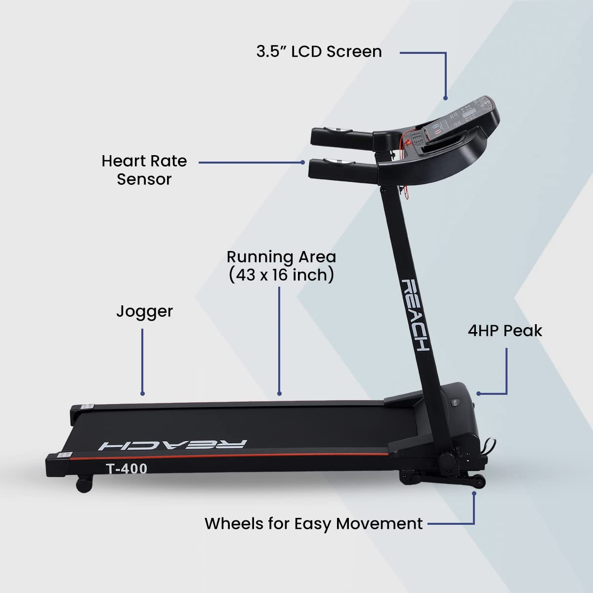 Reach T-400 PT 4HP Peak Multipurpose Automatic Treadmill with Manual Incline and LCD Display  Pushup Bar  Twister  Foldable  Max Speed 12kmhr  Max User Weight 110 Kg