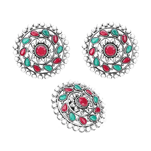 Yellow Chimes Ethnic German Silver Oxidised Multicolor Studded stones Round Traditional Stud Earrings and Ring Set for Women And Girls Silver Multicolor Medium YCTJER-89STNCIRST-MC