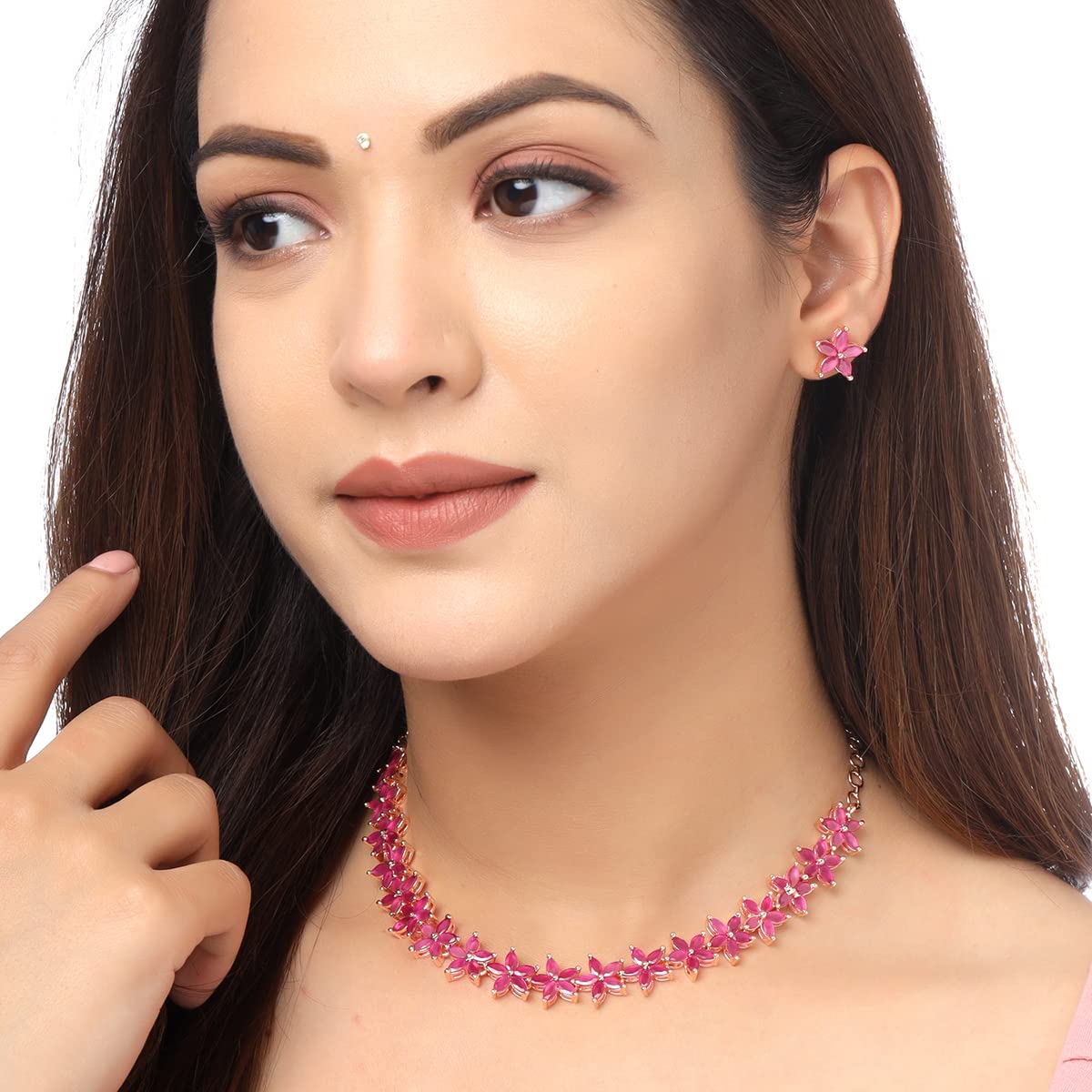 Yellow Chimes Jewellery Set for Women Rose Gold Toned ADAmerican Diamond Studded Pink Crystal Floral Designed Choker Necklace Set for Women and Girls