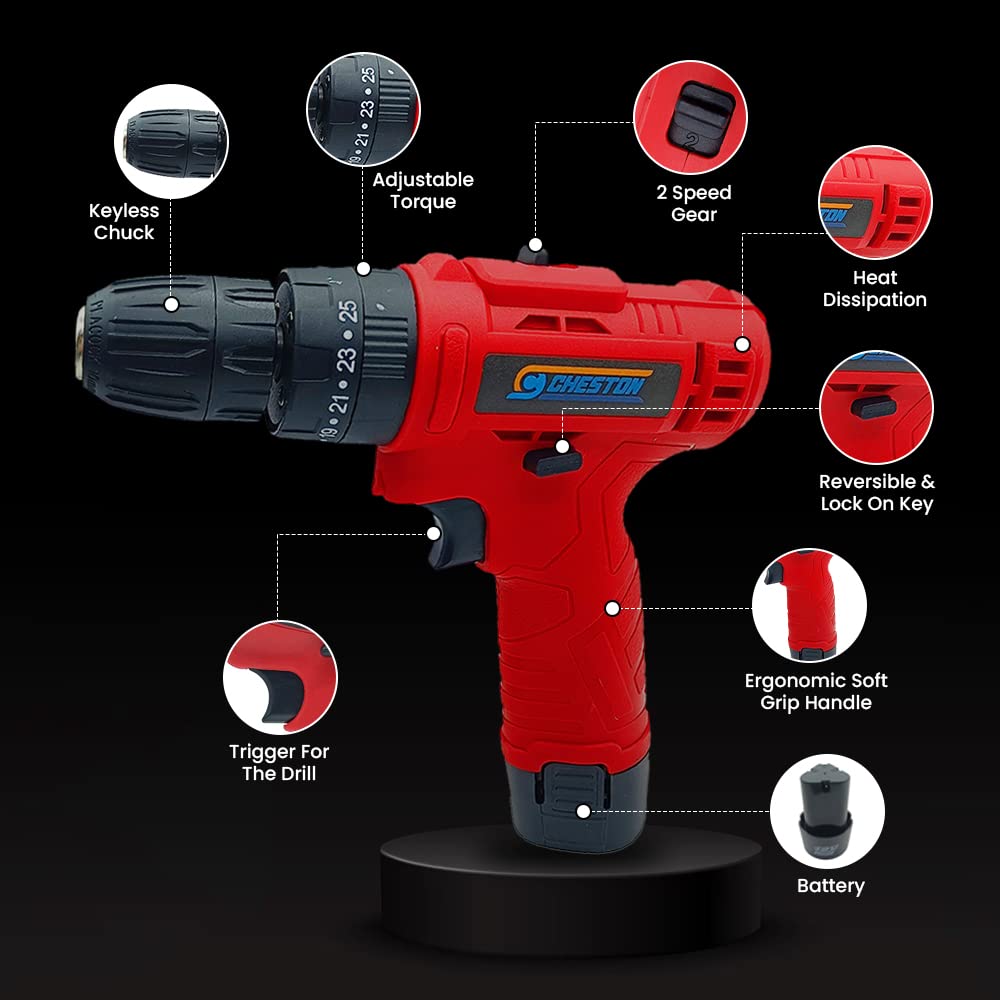 Cheston 12V Cordless Impact Drill Machine Screwdriver  10mm Keyless Chuck  1500 MAH Battery Torque 181 1500 RPM  Reversible Variable Speed for Walls Woods Metal  Carrying tool kit case