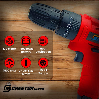 Cheston 12V Cordless Impact Drill Machine Screwdriver  10mm Keyless Chuck  1500 MAH Battery Torque 181 1500 RPM  Reversible Variable Speed for Walls Woods Metal  Carrying tool kit case