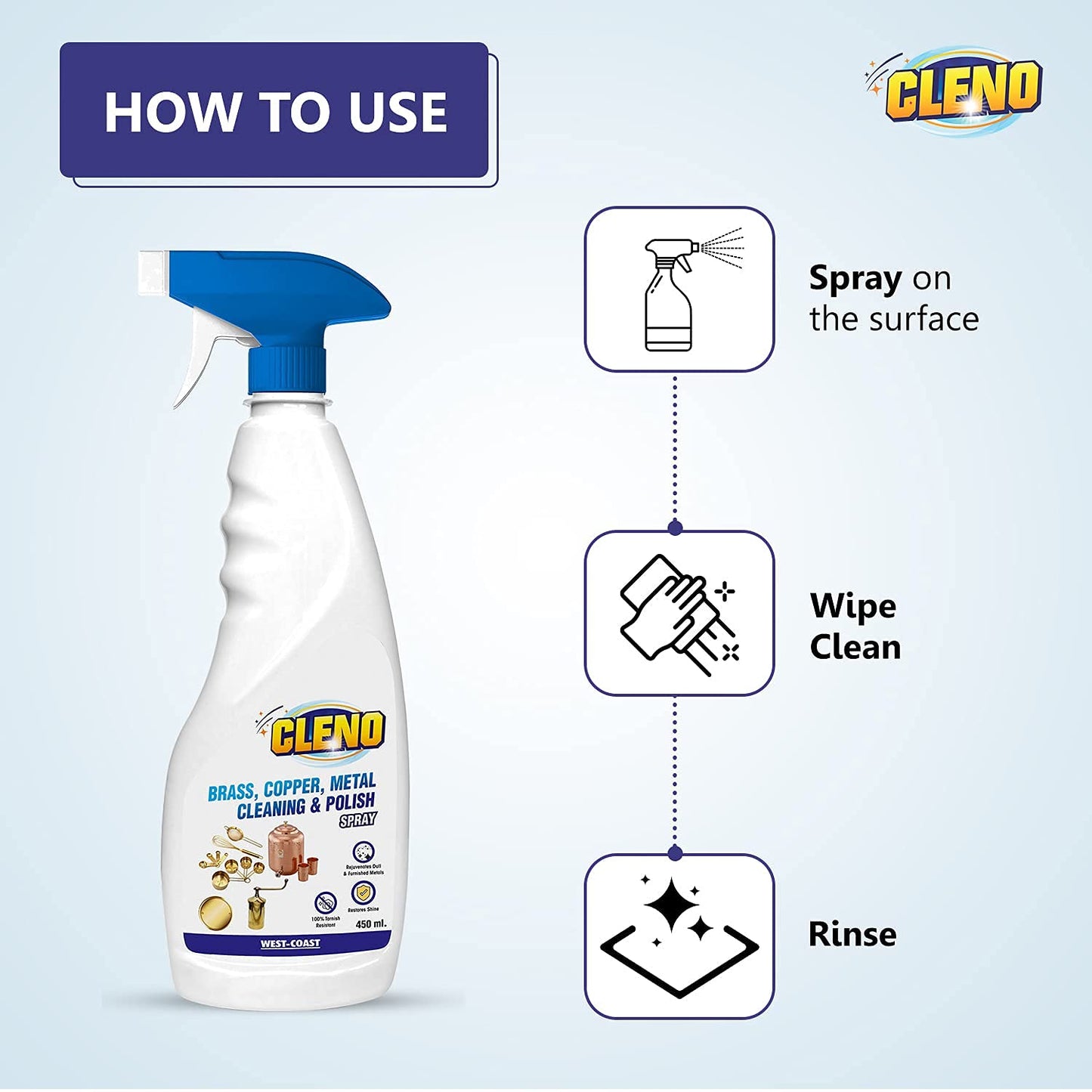 Cleno Heavy Duty Brass Copper Metal Cleaning  Polish Spray  All Metal Objects at Your HomeChromeCopperBrassBronzeNickelEco-friendly - 450 ml Ready to Use