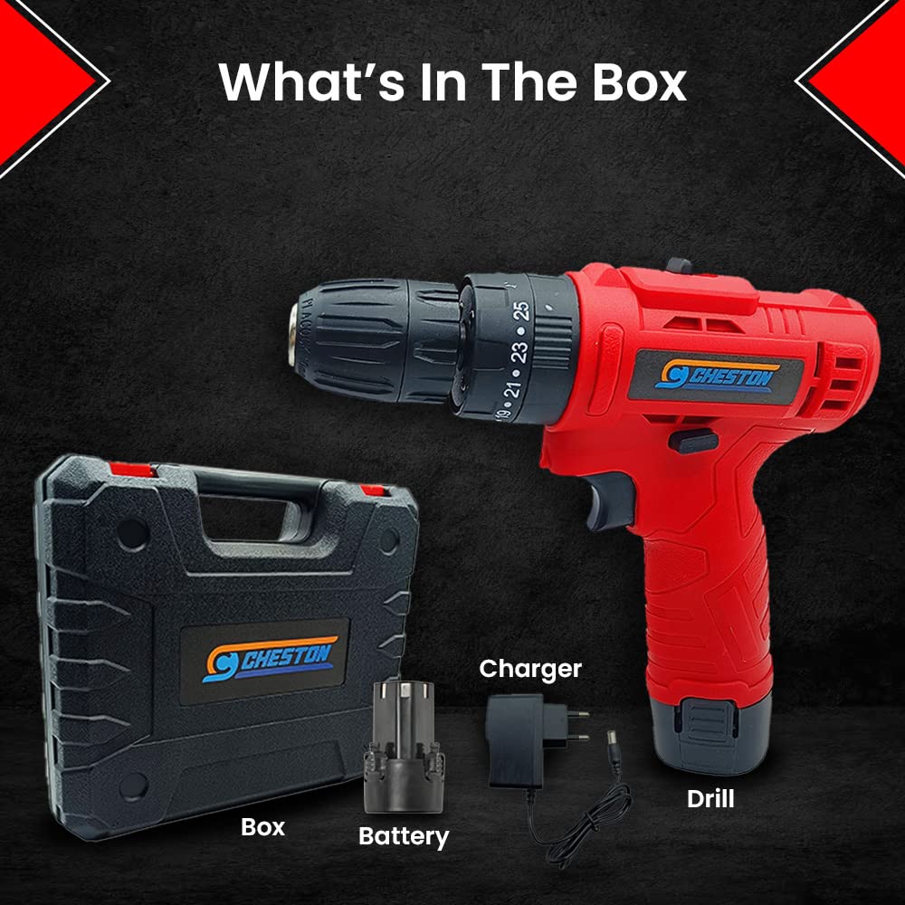 Cheston 12V Cordless Impact Drill Machine Screwdriver  10mm Keyless Chuck  1500 MAH Battery Torque 181 1500 RPM  Reversible Variable Speed for Walls Woods Metal  Carrying tool kit case