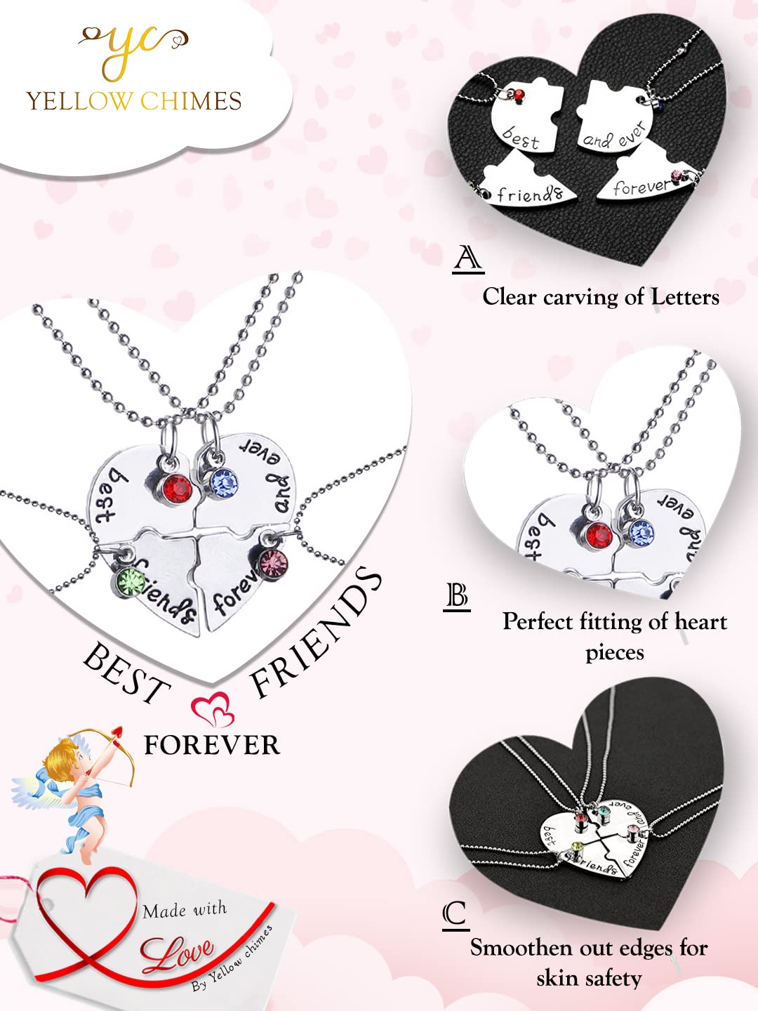 Yellow Chimes Pendant for Women and Girls Friendships Day Special Silver Best Friend Chain Necklace  Heart Shaped 4 Pcs Best Friends Forever BFF Necklace Chain Pendant Locket  Gift for Best Friend