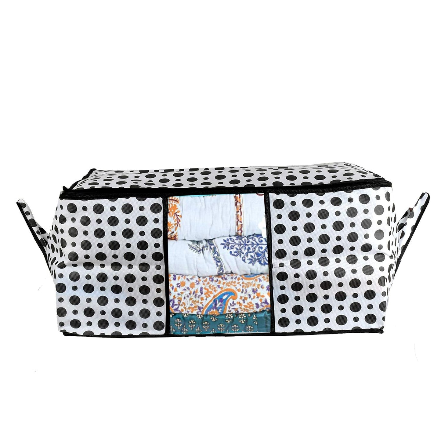 Kuber Industries Polka Dots Design Non Woven Underbed Storage Bag Cloth Organiser Blanket Cover with Transparent Window Black  White -CTKTC38100