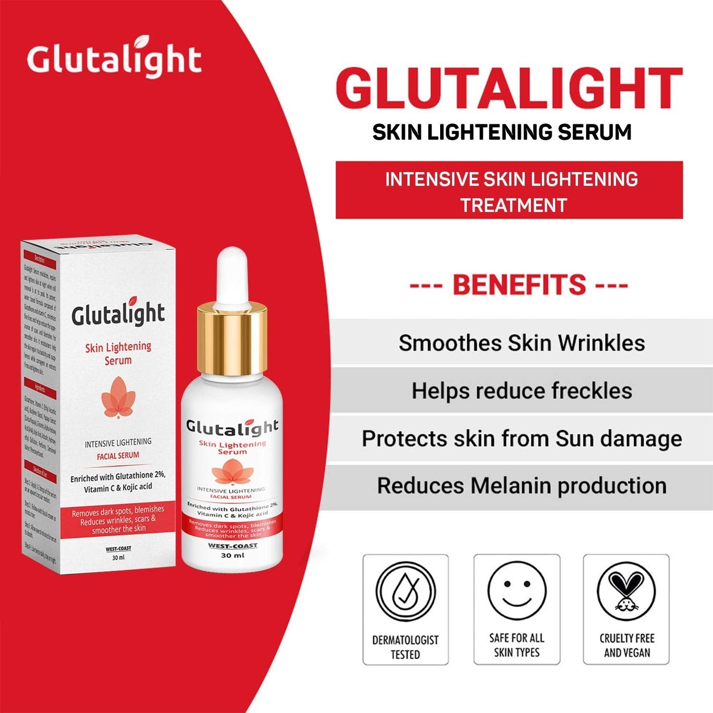 Glutalight Skin Lightening Serum with 2 Glutathione 1 Arbutin 3 Papaya Extract and 1 Kojic Acid- for Rejuvenated and Youthful Skin - 30ml