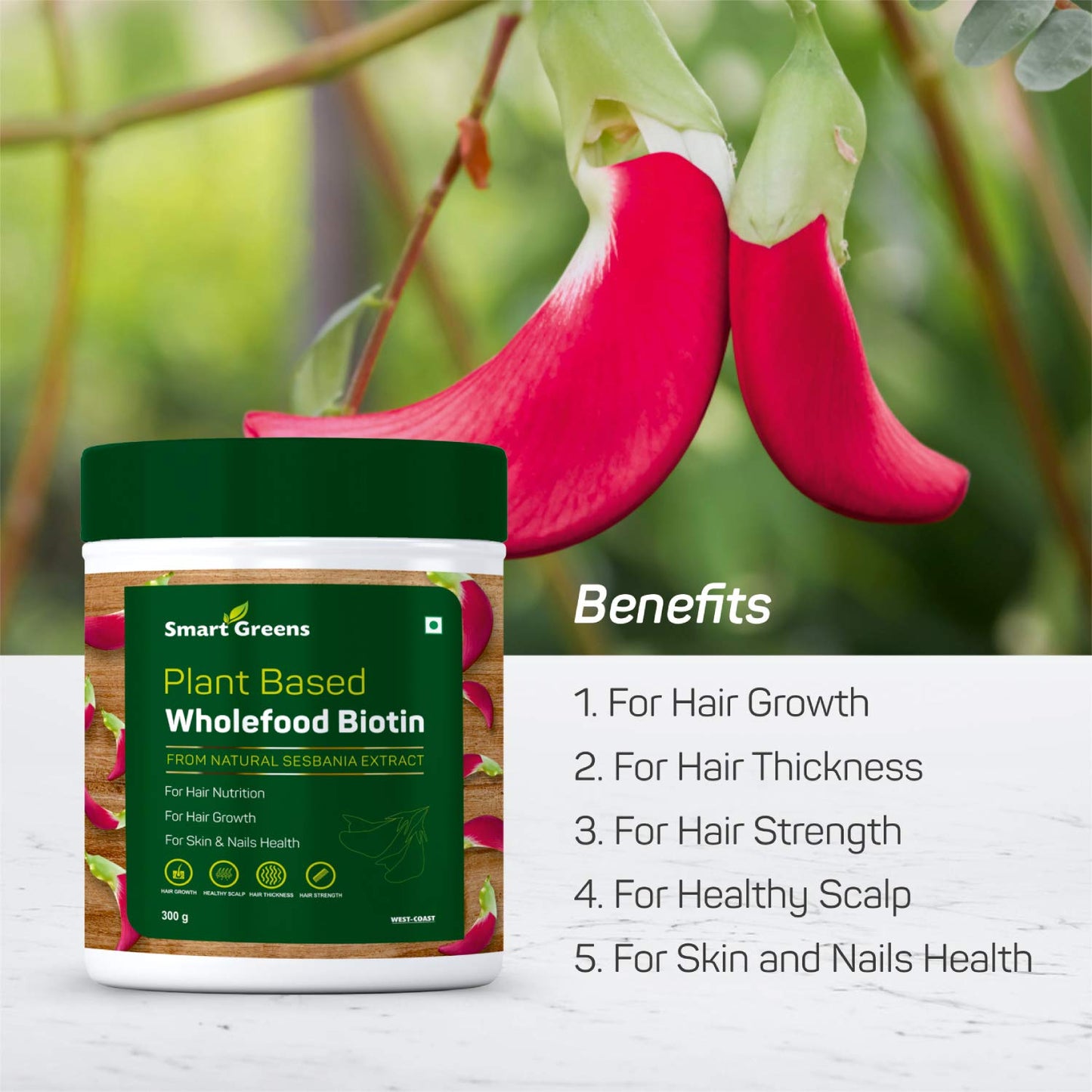 Smart Greens Plant Based Wholefood Biotin Powder High-Potency Hair Nutrition Hair fall Premature Greying Hair Growth Healthy Scalp and Skin  Nails Health - 300gm