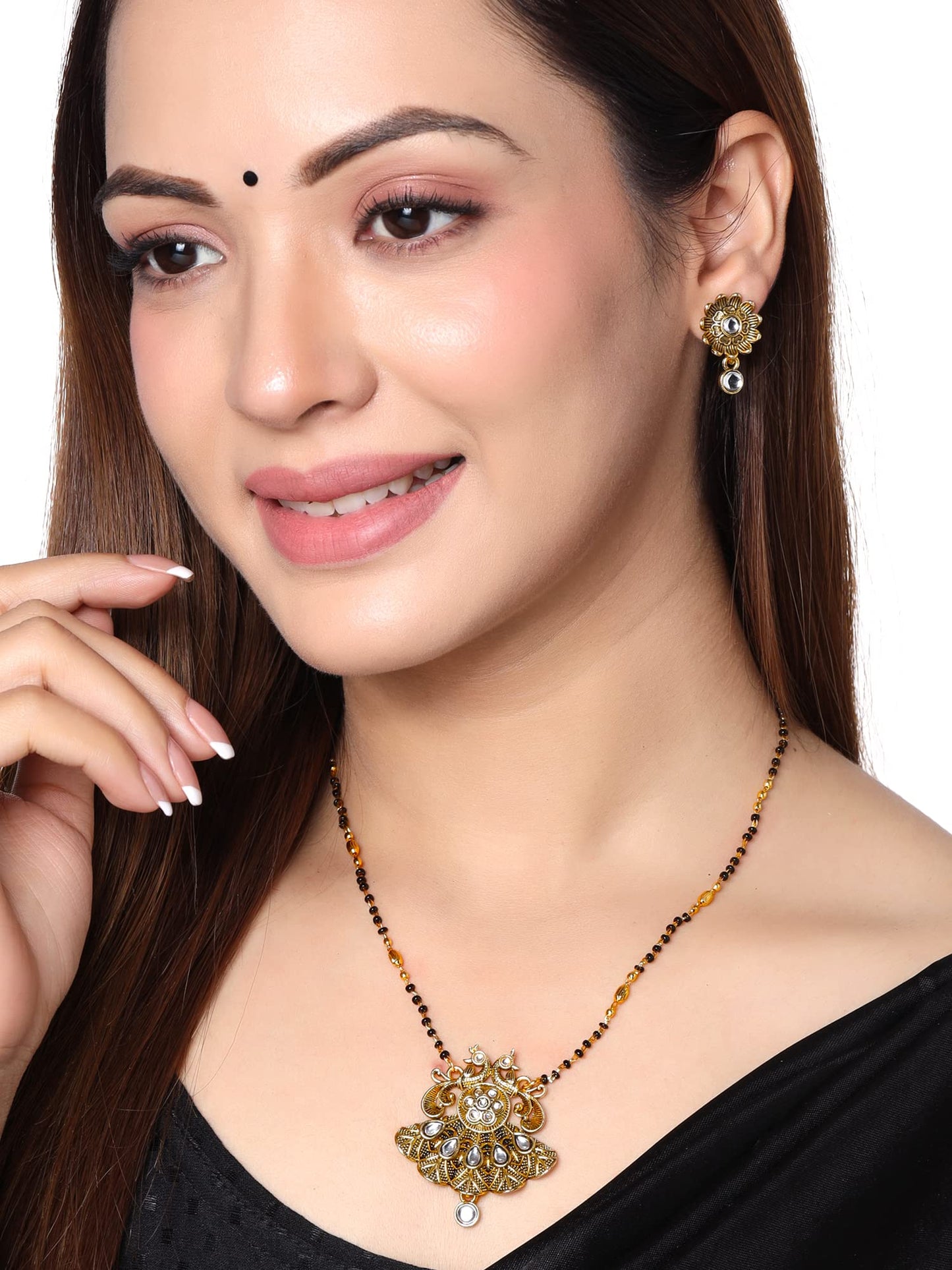 Yellow Chimes Mangalsutra for women Traditional Black Beads Mangalsutra for Women  Gold Plated Peacock Designed Mangalsutra with Earrings  Anniversary Gift for Wife Birthday Gift for Women and Girls